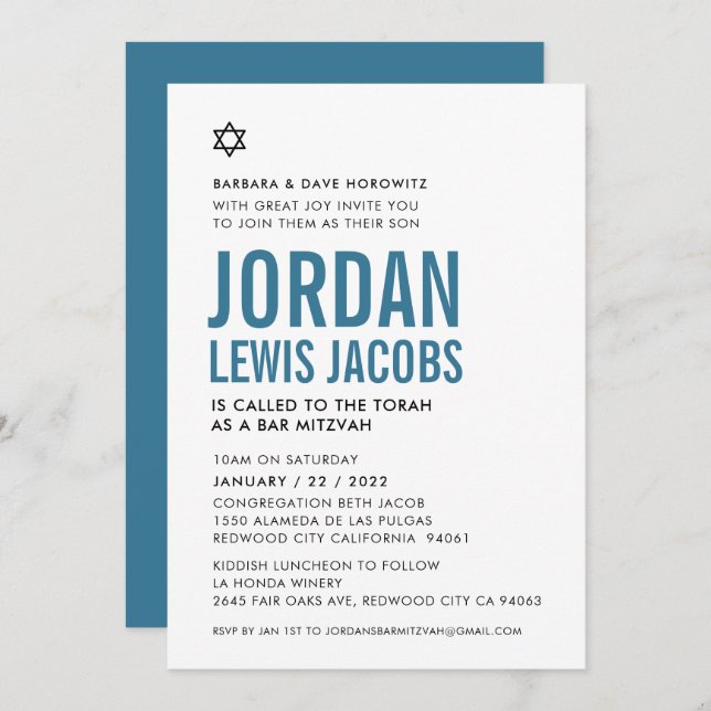 Invitation BAR MITZVAH star boy moderne simple denim bleu (Devant / Derrière)