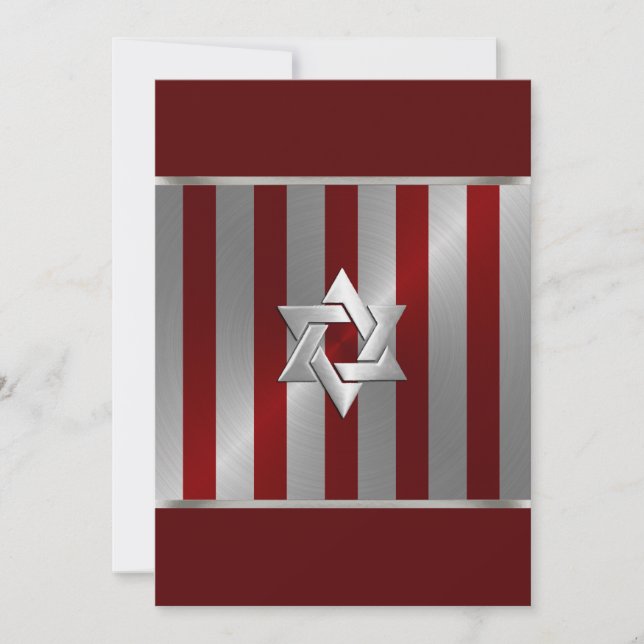 Invitation Bar Mitzvah Star de David en bande rouge et argent (Devant)