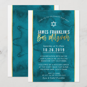 Invitation BAR MITZVAH turquoise bleu aquarelle or script