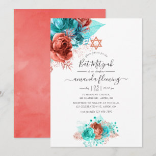 Invitation Bar Mitzvah turquoise et corail à motif floral aqu
