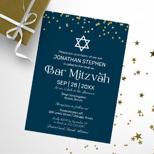 Invitation Bar Mitzvah typographie moderne or confettis bleus
