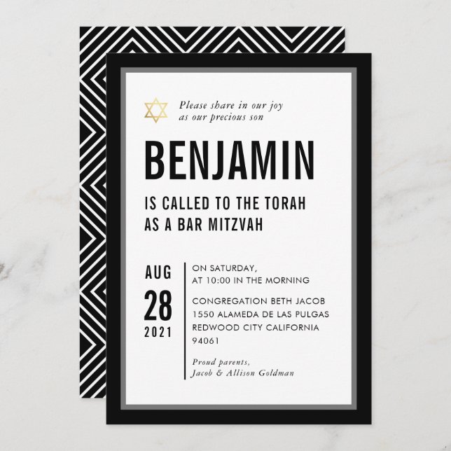 Invitation BAR MITZVAH typographie moderne simple noir blanc (Devant / Derrière)