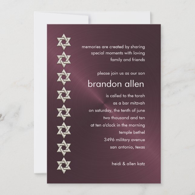 Invitation Bar Mitzvah Vin Sheen Argent Étoiles de David (Devant)