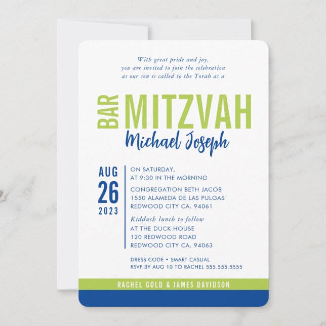 Invitation BAR MODERNE MITZVAH date tendance bleu citron vert (Devant)