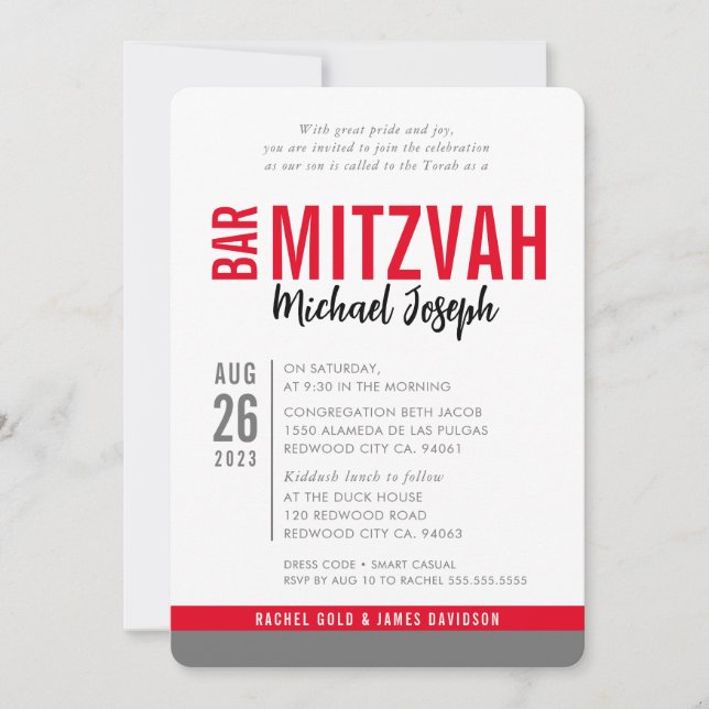 Invitation BAR MODERNE MITZVAH date tendance rouge noir gris (Devant)