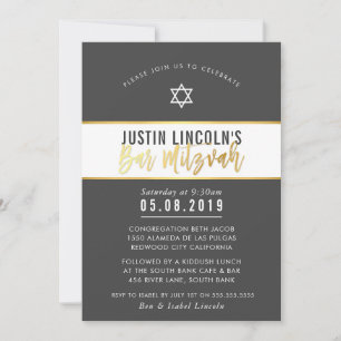 Invitation BAR MODERNE MITZVAH écriture élégante en or gris f