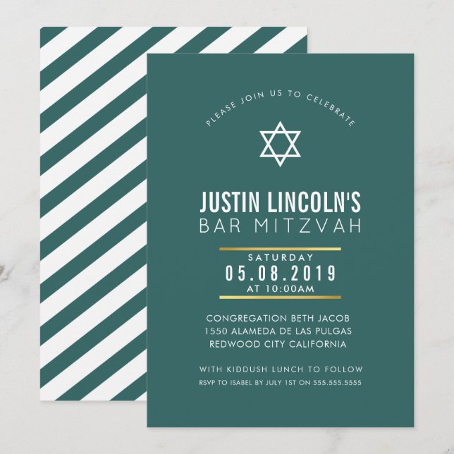 Invitation BAR MODERNE MITZVAH fête plain bold minimal vert (Devant / Derrière)