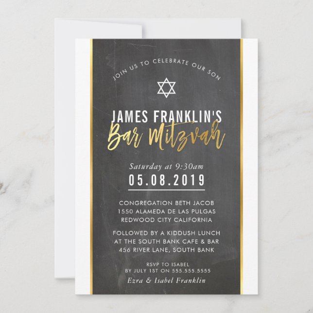 Invitation BAR MODERNE MITZVAH gris tableau noir or écriture (Devant)