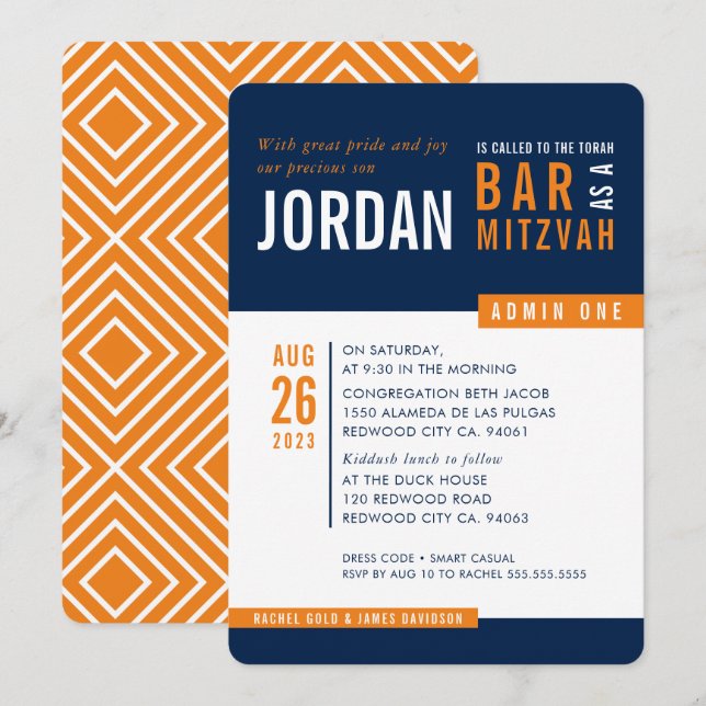 Invitation BAR MODERNE MITZVAH tendance bold bloc marine oran (Devant / Derrière)