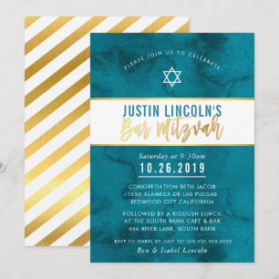 Invitation BAR MODERNE MITZVAH turquoise bleu aquarelle or ty