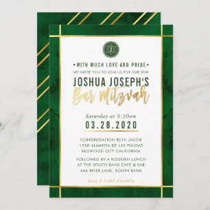 Invitation BAR MONOGRAM BAR MITZVAH forêt dorée bande or vert