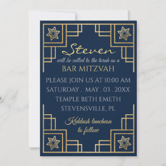 Invitation Bar ou Bat mitzvah Blue n Gold Art Deco