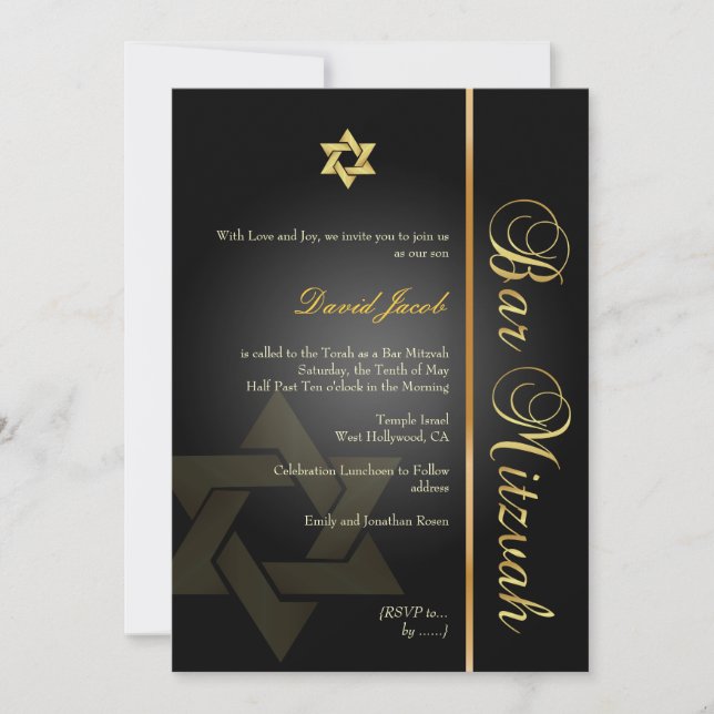 Invitation BAR PixDezines MITZVAH/ÉTOILE DE DAVID/OR+NOIR (Devant)