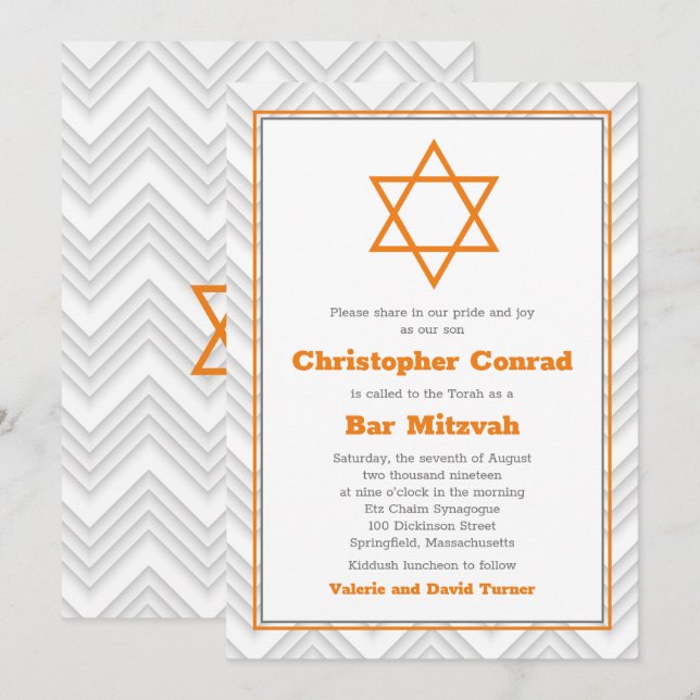 Invitation Bar traditionnel blanc orange Mitzvah (Devant / Derrière)