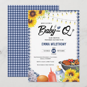 Invitation Barbecue Baby Shower rustique à carreaux bleus