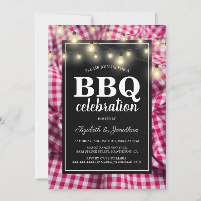 Invitation Barbecue de jardin | BBQ Carreau Rouge Rustique (Devant)