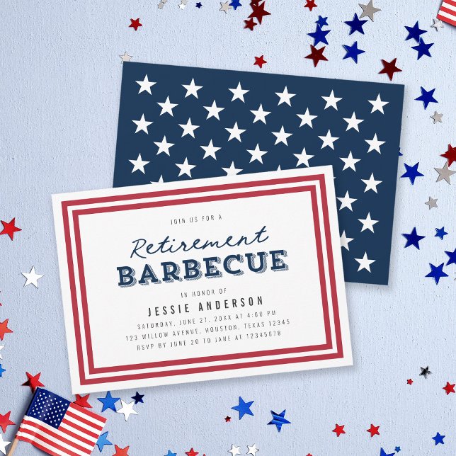 Invitation Barbecue de retraite Red White and Blue Stars (Créateur téléchargé)