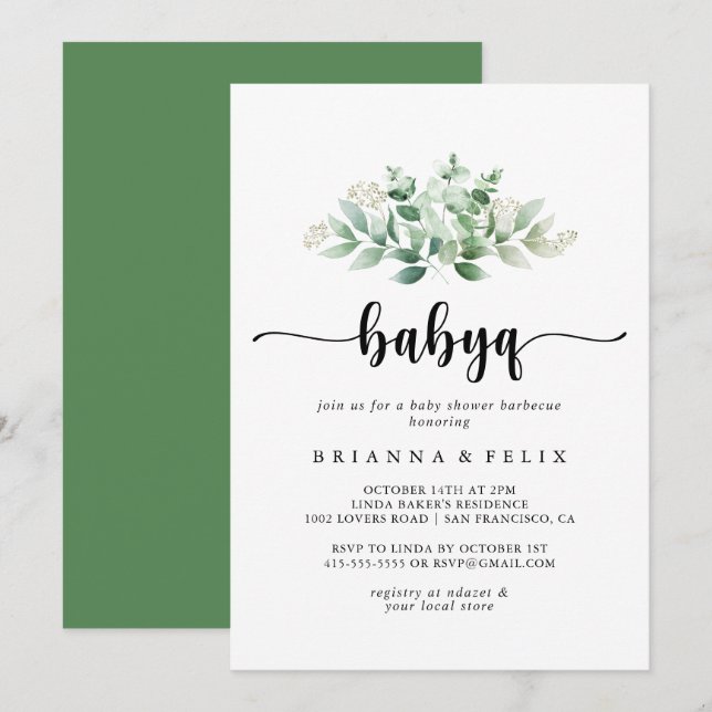 Invitation Barbecue minimaliste Eucalyptus BabyQ Baby shower (Devant / Derrière)