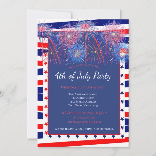 Invitation Barbecue Patriotique 4 juillet feux d'artifice (Devant)