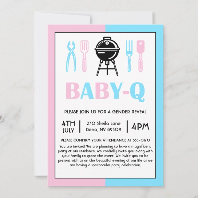 Invitation Barbecue pour la révélation du sexe du bébé Q (Devant)
