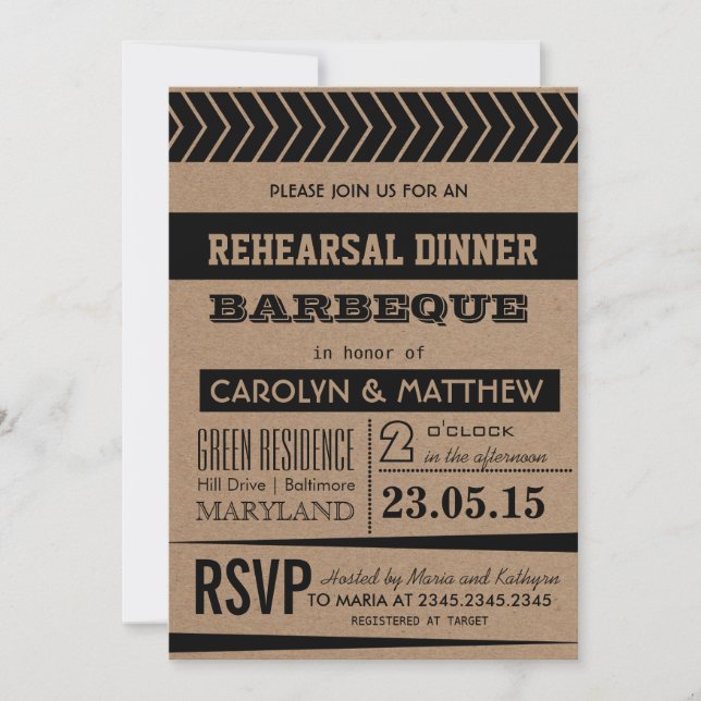 Invitation Barbecue rustique de dîner de répétition de brun (Devant)