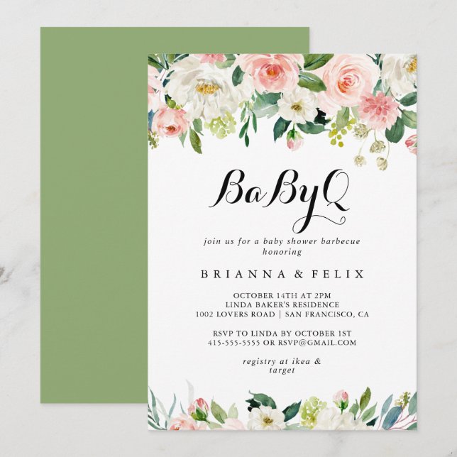 Invitation Barbecue simple Floral Green BabyQ Baby shower (Devant / Derrière)