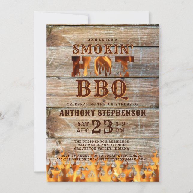 Invitation Barbeque Anniversaire Bois fumé BBQ chaud (Devant)