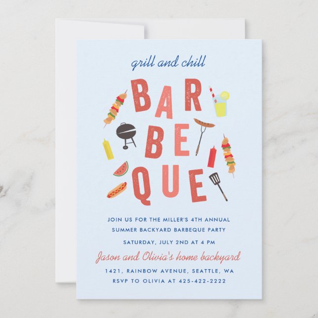 Invitation Barbeque Chill and Grill party Bleu (Devant)