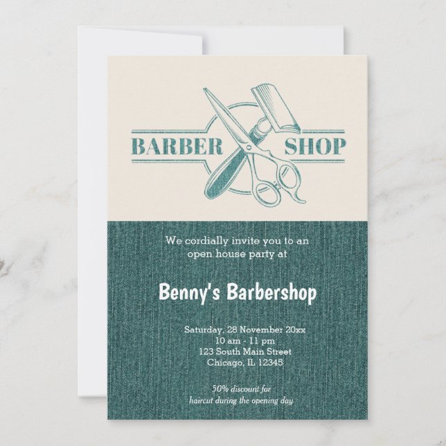 Invitation Barbershop blue jeans texture ouvert jour (Devant)