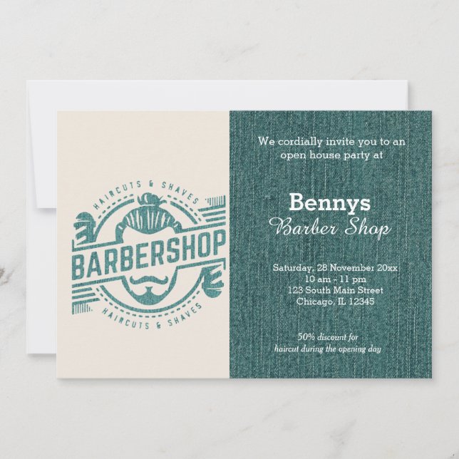 Invitation Barbershop blue jeans texture ouvert jour (Devant)