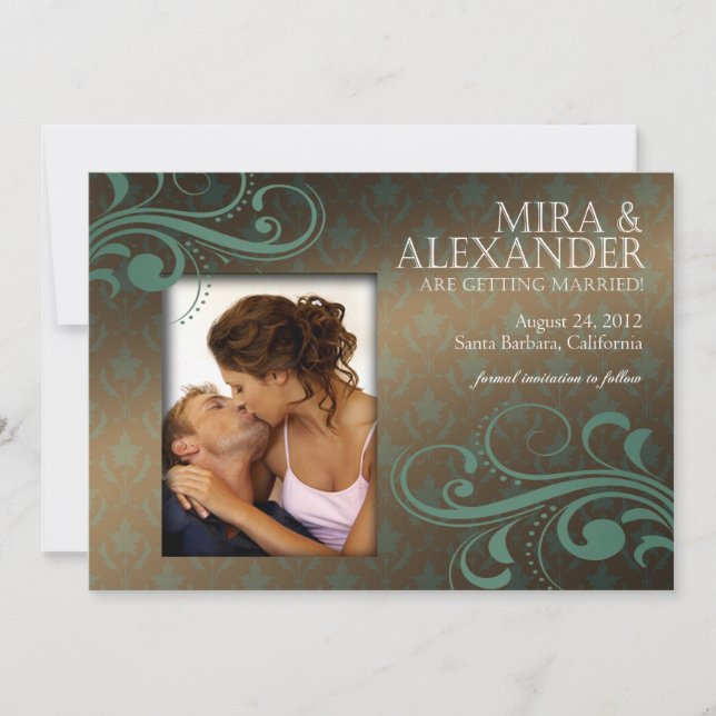 Invitation Barbizon Damask Scroll - marron| sarcelle Mariage (Devant)