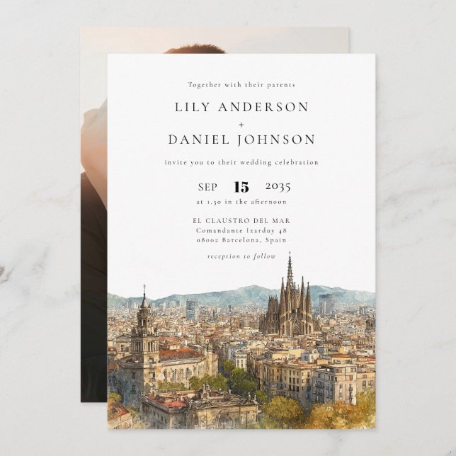Invitation Barcelona Destination Elegant Photo Wedding (Devant / Derrière)