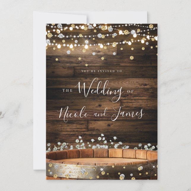 Invitation Baril de bois rustique et lumières Mariage de verr (Devant)