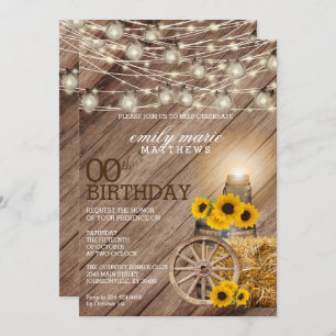 Invitation Baril de bois rustique et tournesols - 00e anniver