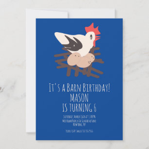 Invitation Barn à coq Animaux Ferme Art Anniversaire Bleu