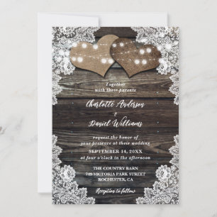 Invitation Barn Bois Chaîne Lumières Burlap Coeurs Mariage