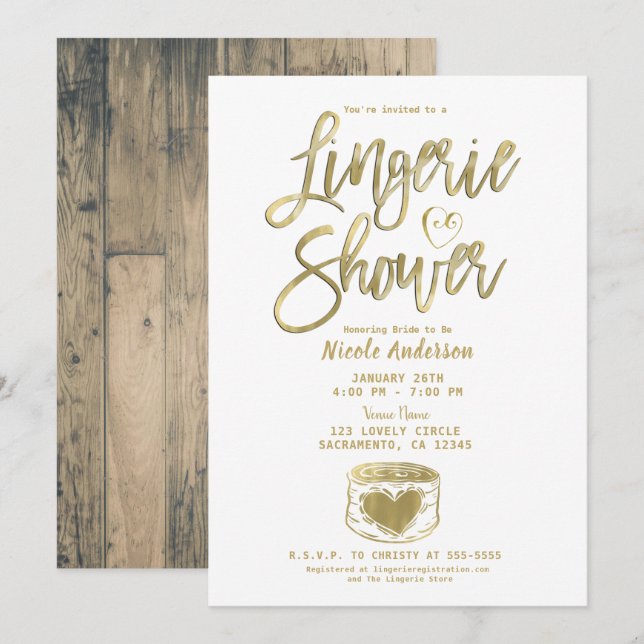 Invitation Barn Rustique Bois Glam Or Lingerie Douche Invitat (Devant / Derrière)