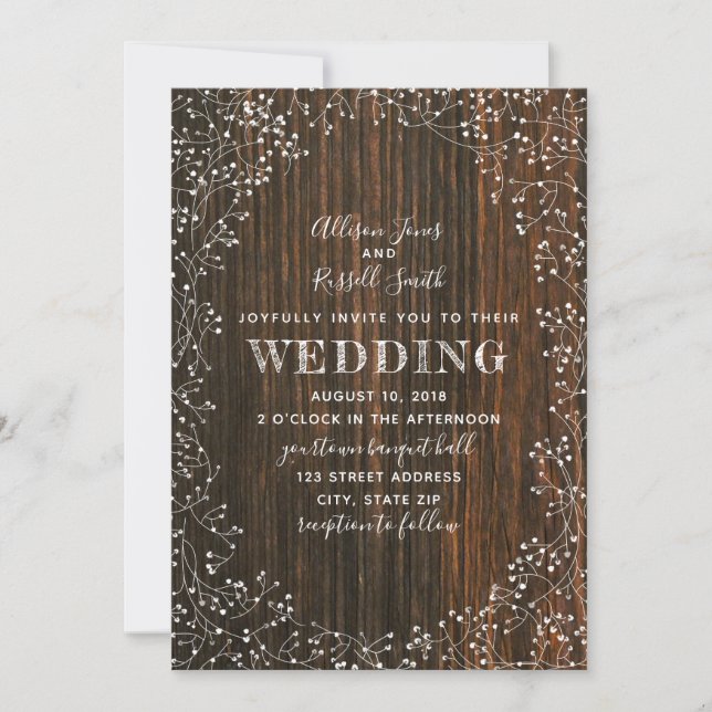 Invitation Barn Wood + Baby's Breath Calligraphy Mariage (Devant)
