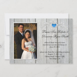 Invitation Barn Wood Blue Heart Photo Après Mariage