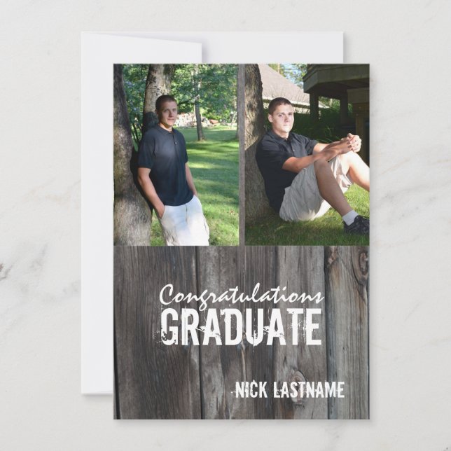 Invitation Barn Wood Country Grad Twin Photo (Devant)