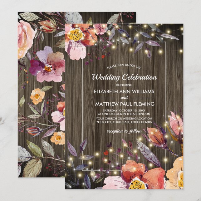 Invitation Barn Wood | Fleurs automnales | Mariage de chaînes (Devant / Derrière)