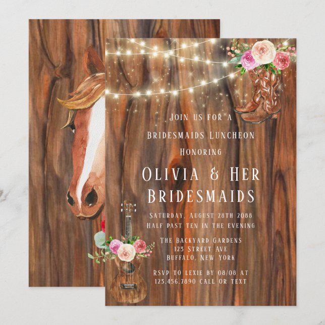 Invitation Barn Wood Lights Boots Bridesservantes Déjeuner (Devant / Derrière)