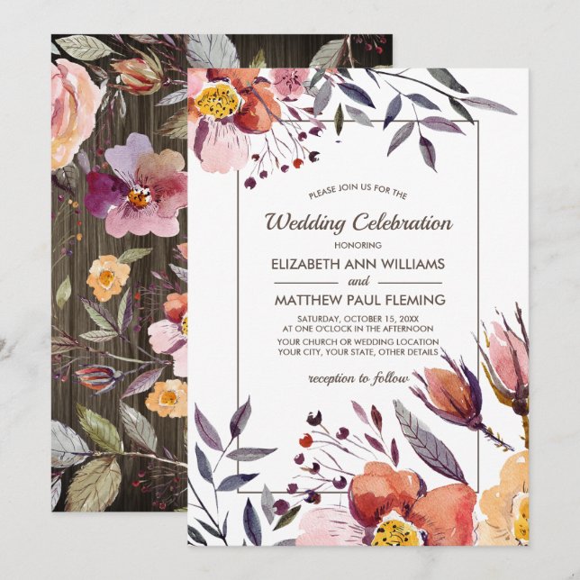 Invitation Barn Wood | Mariage d'aquarelle des fleurs d'autom (Devant / Derrière)