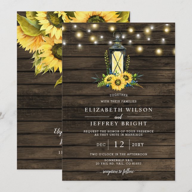 Invitation Barne Bois Chaîne Lumières Tournesols Mariage (Devant / Derrière)