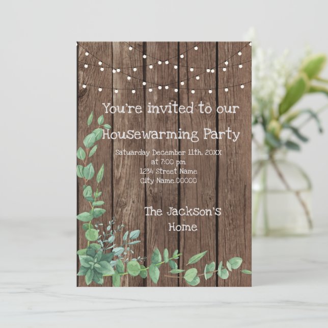 Invitation Barne Bois Rustique Eucalyptus Fête de réchauffeme (Debout devant)