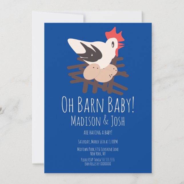 Invitation Barne de coq Animaux Ferme Baby shower Art Bleu (Devant)