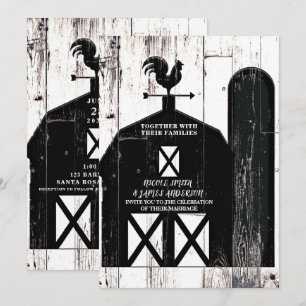 Invitation Barne noire Blanc Bois rustique Mariage de ferme
