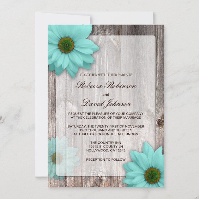 Invitation Barne rustique avec Mariage de marguerites bleues  (Devant)