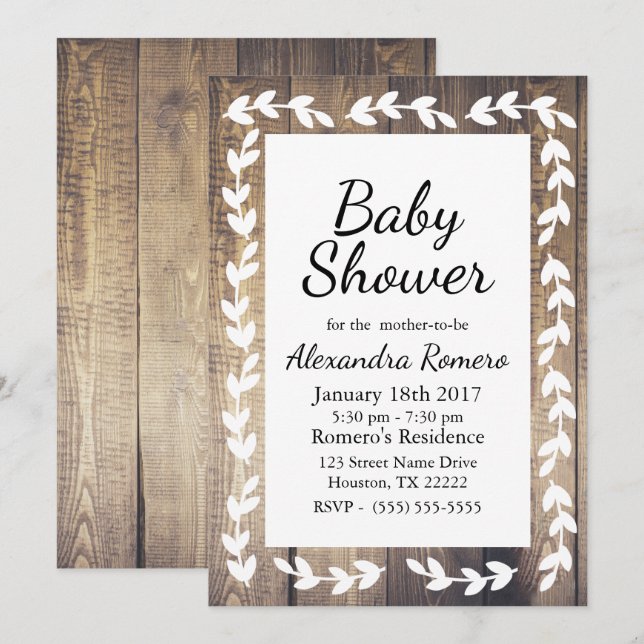 Invitation Barne rustique Bois blanc Pays Laurel Baby shower (Devant / Derrière)
