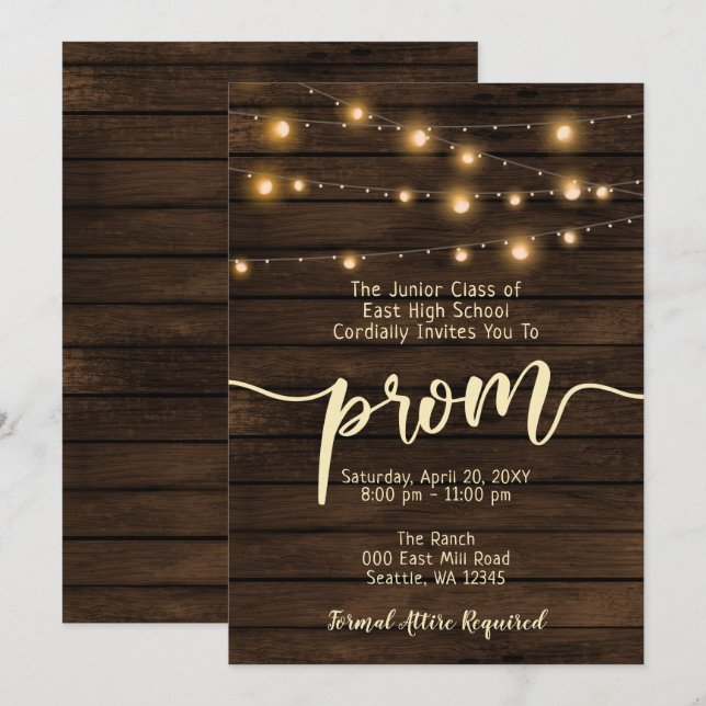 Invitation Barne Rustique Bois Chaîne lumières Prom (Devant / Derrière)